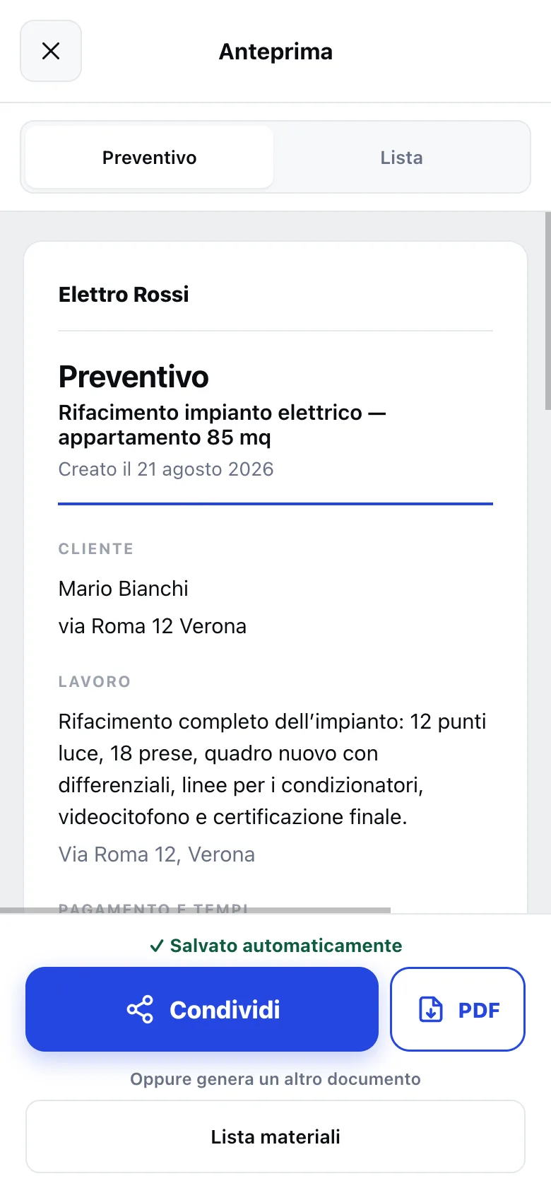 Il PDF del preventivo generato da quello che hai detto, con logo e anagrafica