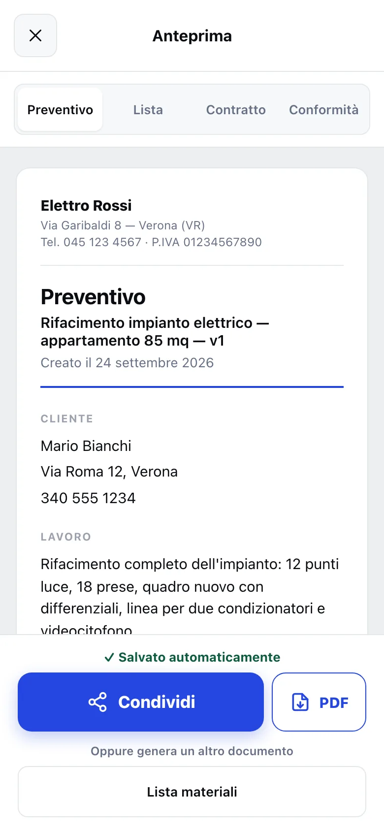 L'anteprima del preventivo con i dati della ditta e del cliente, pronta da condividere o scaricare in PDF